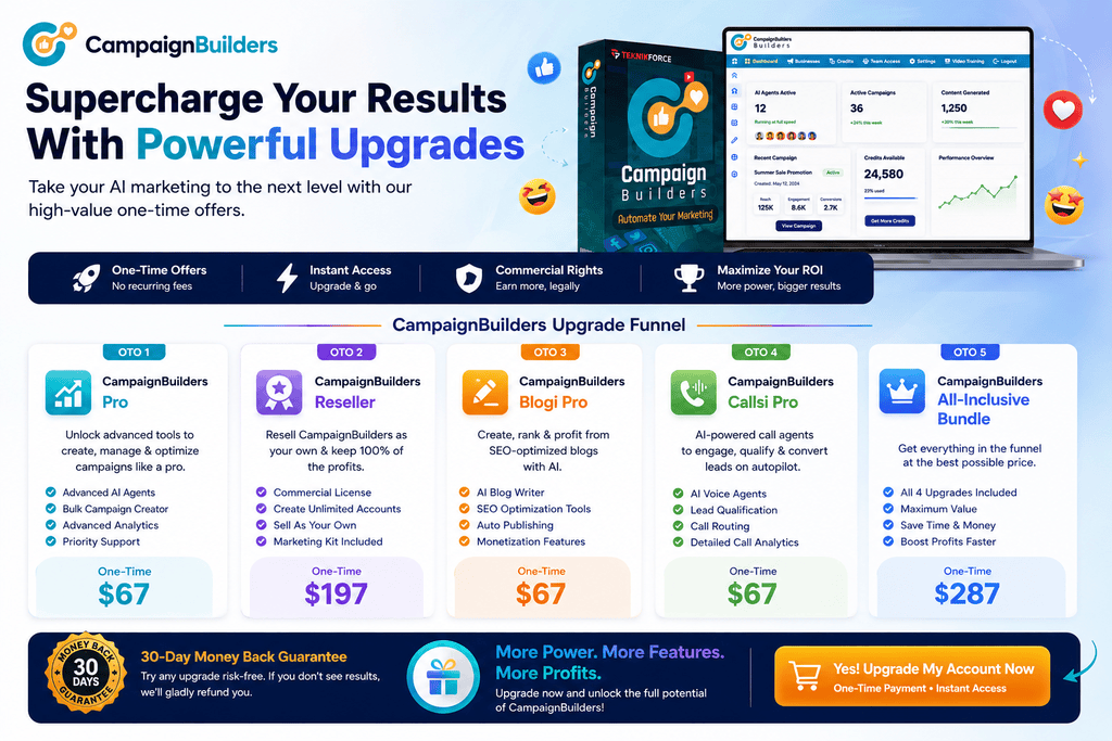 CampaignBuilders OTO upgrades including Pro, Reseller, Blogi Pro, Callsi Pro and All-Inclusive bundle