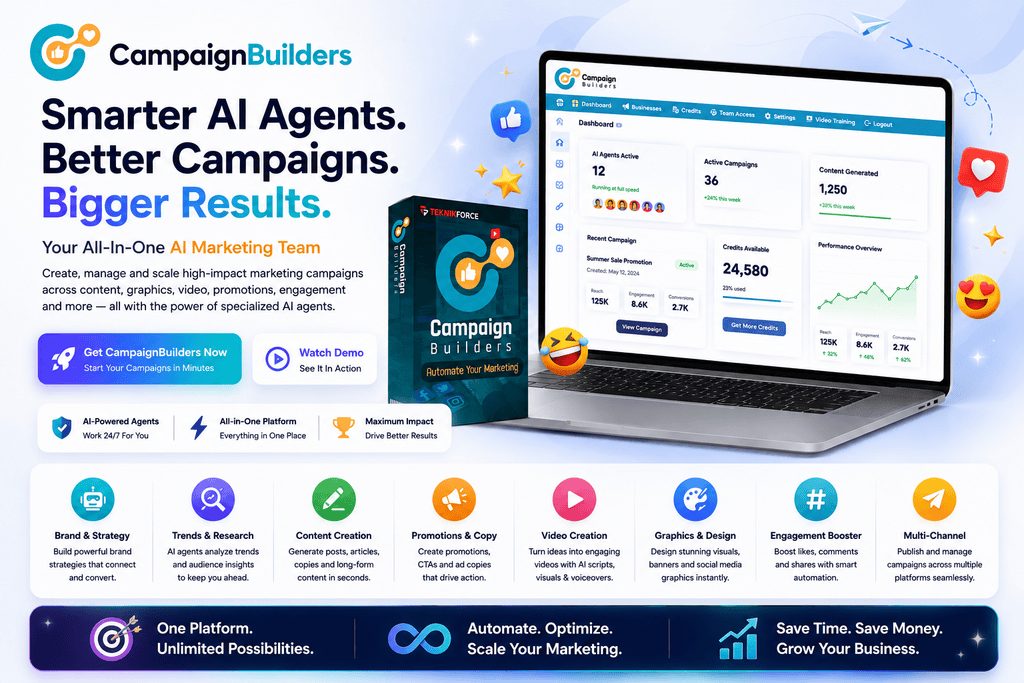 CampaignBuilders AI marketing platform with specialized agents for strategy, content, graphics, video, promotions and campaign growth