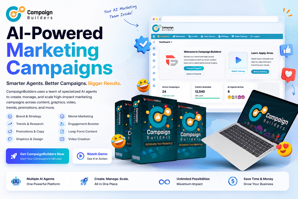 CampaignBuilders AI marketing platform with specialized AI agents for campaigns, content, graphics, video and promotions