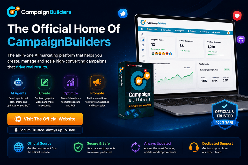 CampaignBuilders official website page featuring AI marketing platform dashboard, AI agents, campaign tools and secure product access