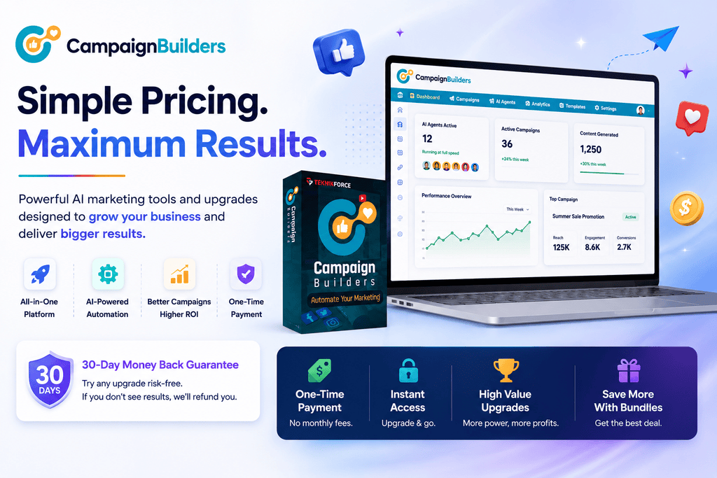 CampaignBuilders pricing with AI marketing platform plans, upgrades, bundle options and 30-day money-back guarantee